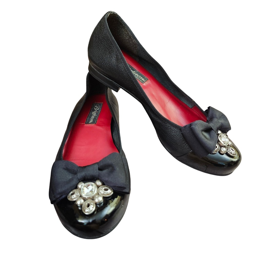 Brighton Bow Black Leather Ballet Flats Crystal Medallion Patent Toe 7M Brazil